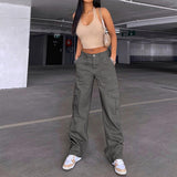 frat boy outfits Women's Street Fashion Multi-Pocket Workwear Straight Trousers High Waist Slimming Loose Khaki Jeans for Women