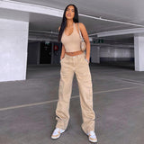 frat boy outfits Women's Street Fashion Multi-Pocket Workwear Straight Trousers High Waist Slimming Loose Khaki Jeans for Women