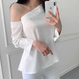 skater boy outfits Chic Autumn French Temperament Irregular Shoulder Design Sexy Waist Solid Color Long Sleeve Shirt Top for Women