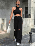 outfit inspo Women's Ins Fashion Ripped High Waist Wide Leg Pants Casual Denim Pants Fashion