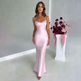 pink dress Women's Sexy Sling Satin Dress Autumn New Fashion Backless Lace-up Waist Dress