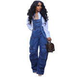 birthday outfits Women's Loose Denim Suspender Pants Women's Spring Street Fashion Multi-Pocket Jumpsuit