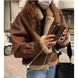 Thickened Fur Stitching Warm Loose Lapel Zipper Coffee Brown Motorcycle Leather Coat for Women