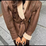 cold weather outfits Fashionable Retro Women's Autumn and Winter Short Warm Jacket 2024 Suede Leather Jacket Lace-up Coat