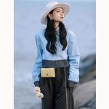 skater boy outfits Early Autumn Niche High-Grade Wear Suit Royal Sister Blue Stitching Long-Sleeved Shirt Women's Top