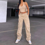 frat boy outfits Women's Street Fashion Multi-Pocket Workwear Straight Trousers High Waist Slimming Loose Khaki Jeans for Women