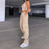 frat boy outfits Women's Street Fashion Multi-Pocket Workwear Straight Trousers High Waist Slimming Loose Khaki Jeans for Women