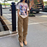 frat boy outfits Women's Street Fashion Multi-Pocket Workwear Straight Trousers High Waist Slimming Loose Khaki Jeans for Women