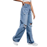 outfit inspo Women's Ins Fashion Ripped High Waist Wide Leg Pants Casual Denim Pants Fashion