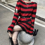 off shoulder  Ripped Ripped Mid-Length Sweater Women's Couple Striped Loose Punk Dark Sweater All-Match Sweater