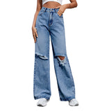 outfit inspo Women's Ins Fashion Ripped High Waist Wide Leg Pants Casual Denim Pants Fashion