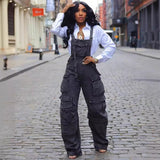 birthday outfits Women's Loose Denim Suspender Pants Women's Spring Street Fashion Multi-Pocket Jumpsuit