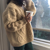 women’s fashion Milk Tea Pullover Women's Autumn and Winter New Retro Loose Thickened round Neck Small Twist Sweater Outer Wear