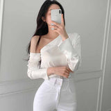 skater boy outfits Chic Autumn French Temperament Irregular Shoulder Design Sexy Waist Solid Color Long Sleeve Shirt Top for Women