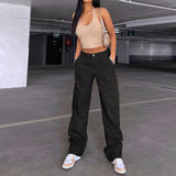 frat boy outfits Women's Street Fashion Multi-Pocket Workwear Straight Trousers High Waist Slimming Loose Khaki Jeans for Women