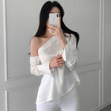 skater boy outfits Chic Autumn French Temperament Irregular Shoulder Design Sexy Waist Solid Color Long Sleeve Shirt Top for Women