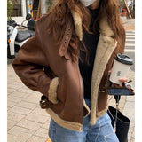 Thickened Fur Stitching Warm Loose Lapel Zipper Coffee Brown Motorcycle Leather Coat for Women