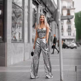 birthday outfits Spring Silver Sleeveless Tube Top Sequined Two-Piece Casual Suit Backless High-Grade Women's Clothing