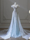 Tineit Elegant Mermaid Strapless Light Sky Blue Long Prom Dress B  (PRE-ORDER)