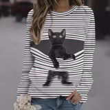 288014 Women's Top plus Size Autumn and Winter New Black Cat Striped round Neck T-shirt for Women