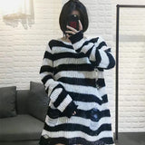 off shoulder  Ripped Ripped Mid-Length Sweater Women's Couple Striped Loose Punk Dark Sweater All-Match Sweater