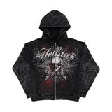 American Y2K Motorcycle Style Winter Letter Skull Print Zipper Hoodie Long Sleeve Sweater