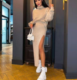 men’s fall fashion 2024 Hot Sale Autumn and Winter New Turtleneck Loose Pullover Top Split Sexy Long Skirt Two-Piece Set