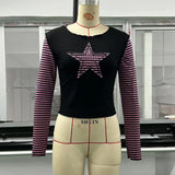 90s streetwear Y2K Star Striped Sweet Cool Women's Long Sleeve Striped Stitching T-shirt Five-Pointed Star Embroidered Casual Top 3324