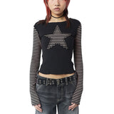 90s streetwear Y2K Star Striped Sweet Cool Women's Long Sleeve Striped Stitching T-shirt Five-Pointed Star Embroidered Casual Top 3324