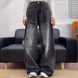 90s streetwear American Retro Cartoon Graffiti Straight Jeans Women's Summer New High Waist Straight Mop Loose Wide Leg Pants