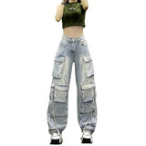 classy outfits men American Style Hip Hop Pants Multi-Pocket Heavy Industry Overalls Women's 2024 Summer High Waist Retro Straight Jeans Women