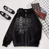 hipster 2024 New Cardigan Sweater Dark Skull Casual American Zipper Men's Style Hoodie Black Trendy Black Coat