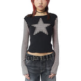 90s streetwear Y2K Star Striped Sweet Cool Women's Long Sleeve Striped Stitching T-shirt Five-Pointed Star Embroidered Casual Top 3324