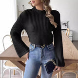 simple winter outfits Women's Short Cropped Cropped Top Woven Sweater Autumn and Winter Bell Sleeve Half Turtleneck Pullover Sweater