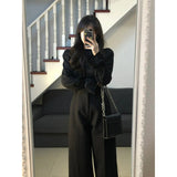 men’s outfits Yujie Style Texture Long-Sleeved Shirt Suit Women's Autumn High Waist Straight Wide-Leg Pants Elegant Black Lantern Sleeve Top