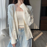 mens outfit inspiration Women's Korean-Style Cardigan Sweater and Sling Two-Piece Suit Spring and Autumn Lazy Pearl Heavy Work Top Casual Knitted Coat