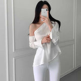 skater boy outfits Chic Autumn French Temperament Irregular Shoulder Design Sexy Waist Solid Color Long Sleeve Shirt Top for Women