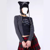 2024 Autumn New Dark Style Women's Striped Long Sleeve Stitching Skull Printed Punk Short T-shirt