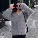 mens fall fashion Women's Pullover Sweater Women's Autumn and Winter New V-neck Solid Color Seersucker Sweater Women's Top