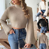 Tineit simple winter outfits Women's Short Cropped Cropped Top Woven Sweater Autumn and Winter Bell Sleeve Half Turtleneck Pullover Sweater