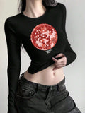 American Hot Girl round Neck Shoulder Long Sleeve Navel Top Fashion Street Slim Short T-shirt for Women