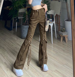 skater boy outfits Kelio New Corduroy Loose High Waist Trousers Women's Niche Lace-up Straight Pants