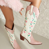 Women's Boots 35-Size 48 New Flower Embroidered Western Boots High Thick Heel Embroidered Pink Denim Boots