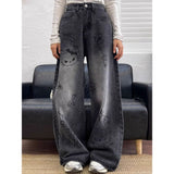 90s streetwear American Retro Cartoon Graffiti Straight Jeans Women's Summer New High Waist Straight Mop Loose Wide Leg Pants