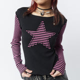 90s streetwear Y2K Star Striped Sweet Cool Women's Long Sleeve Striped Stitching T-shirt Five-Pointed Star Embroidered Casual Top 3324