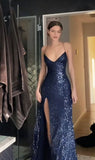 Tineit Pretty Sheath Spaghetti Straps Slit Navy Blue Sequin Prom Dresses Evening Dress (PRE-ORDER)