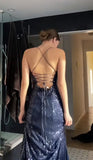 Tineit Pretty Sheath Spaghetti Straps Slit Navy Blue Sequin Prom Dresses Evening Dress (PRE-ORDER)