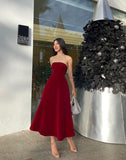 Tineit Sexy A Line Strapless Burgundy Evening Dress Prom Dresses Birthday Outfits BD  (PRE-ORDER)