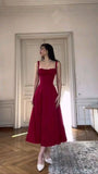 Tineit Sexy A Line Straps Red Midi Length Evening Dress Prom Dresses Birthday Outfits BD  (PRE-ORDER)