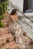 Tineit Vintage A Line Spaghetti Straps Floral Chiffon Long Evening Dress Prom Dresses Birthday Outfits BD  (PRE-ORDER)